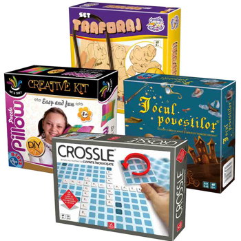 Pachet Family 4-în-1: Crossle + Jocul Poveștilor + Set Traforaj + Set creativ de cusut pernuță colorată, 