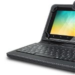 Husa tableta 8 inch cu tastatura micro USB, neagra, tip mapa, prindere 4 cleme, protectie antisoc, piele sintetica, functie stand compatibil Android si Windows, model c7, la doar 32 RON in loc de 69 RON