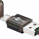 Cititor de card microSD, USB2.0 si USB C, negru, Goobay