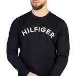 Tommy Hilfiger, Pulover din amestec de bumbac organic cu logo brodat, Alb, Albastru marin, M