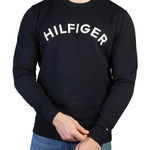 Tommy Hilfiger, Pulover din amestec de bumbac organic cu logo brodat, Alb, Albastru marin, M