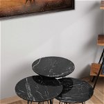 Masa de cafea (3 piese) Siyah Mermer Desenli 3'Lü Tel Ayaklı Yuvarlak Zigon Sehpa, AsirGroup