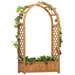 Jardiniera de exterior din lemn de brad maro cu arc decorativ si grile pentru plante cataratoare, 83x36x152cm