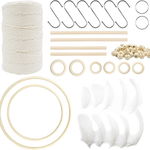 Set de creatie cu fir macrame inele si margele LLGLEU, bumbac/ lemn/pene, bej/alb, 80 piese, 