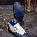 Pantofi Loafers albastri/ivoire, cu catarama, piele naturala- P1793, 