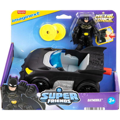 Figurina DC Super Hero, Mattel, Metal Force, Batman cu Batmobile, Negru