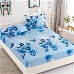 Husa de pat cu elastic din Bumbac Finet + 2 Fete de Perna, Fluturi Albastri, JOJO HOME