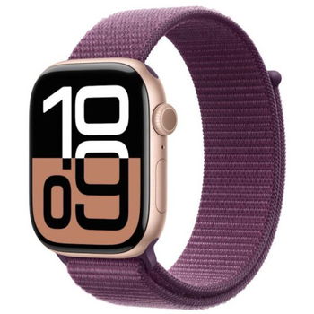 Apple Watch Series 10 GPS, 42mm Rose Gold Aluminium Case, Plum Sport Loop