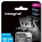 Card de memorie Integral INMSDX128G-280/100U2, microSDXC, 128GB, 280 MB/s Citire, 100 MB/s Scriere, UHS-II V60 + Adaptor SD