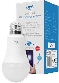 Bec inteligent PNI SmartHome SM9W LED 9w cu lumina reglabila programabil WiFi compatibil cu Google Home Alexa