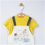 Set salopeta cu elefantei si tricou pentru bebelusi, tongs baby (culoare: galben, marime: 9-12 luni)