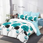 PACHET PROMO COMPLET: Lenjerie pat dublu BUMBAC FINET cu elastic 6 piese Turquoise trandafiri, Primavara Casa