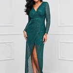 Rochie din paiete verde-inchis lunga tip creion cu decolteu petrecut - StarShinerS, StarShinerS