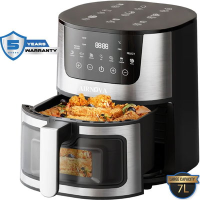 Air fryer AIRNOVA® OroFritto 1400W, Friteuza cu aer cald, Capacitate 7L, Negru/Inox,