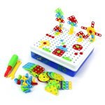 Joc educativ de constructie, Montessori, puzzle mozaic, cu suruburi, saibe, surubelnita electrica, 234 piese, oem
