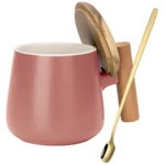 Set cana cafea/ceai si lingurita, Quasar & Co.®, cu capac si maner bambus, lingurita, ceramica, 350 ml, roz pudrat