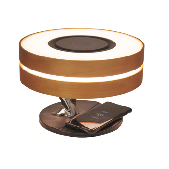 Lampa LED de Birou/Noptiera din Lemn de Cires, cu Incarcare Wireless Smartphone, Boxa Bluetooth, Ceas Digital si Panou Touch