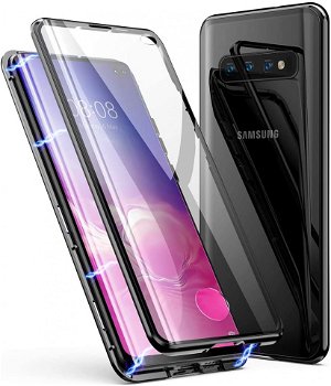 Husa Samsung Galaxy S10 Magnetica 360 grade Black Perfect Fit cu spate de sticla securizata premium + folie de sticla pentru ecran 01hmS10360