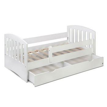 Patut junior cu sertar compartimentat YappyLux din lemn, Cu laterala de protectie, YappyKids, 160x80 cm, Alb