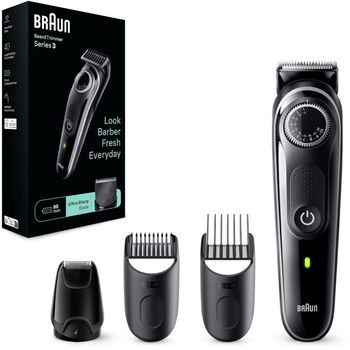 Aparat de tuns barba Braun Beard Trimmer BT3440, Wet&Dry, buton rotativ de precizie, 40 de setari pentru lungime, 1 mini-aparat de ras, 2 piepteni de precizie, autonomie 80 minute (Negru/Gri), Braun