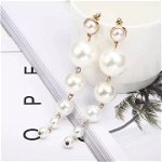 Cercei eleganti lungi mari aurii cu perle albe CW48