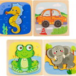 Set de 4 puzzle-uri pentru copii 1-4 ani ZERHOK, lemn, multicolor, 15 x 15 cm, 