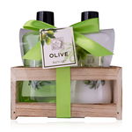 Set cadou femei, gel de dus, lotiune de corp, Bath set OLIVE in wooden box, incl. 190ml shower gel, 190ml body lotion, fragrance: Olive, col. green/white/gold, PU 6, set cadou craciun