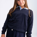 Bluza fete cu emblema din bumbac bleumarin cu maneca lunga si guler bleu, 