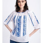 Bluza traditionala din bumbac alb cu broderie inflorata albastra pentru dama, 