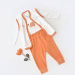Set 3 piese Baby Cosy broscuta cu body, pantalonasi si vestuta, 80% bumbac organic si 20% poliester, portocaliu, marime 3-6 luni