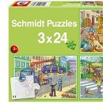 Puzzle Schmidt - Carbage Truck, Tow Truck, Sweeper, 3x24 piese (56357), Schmidt
