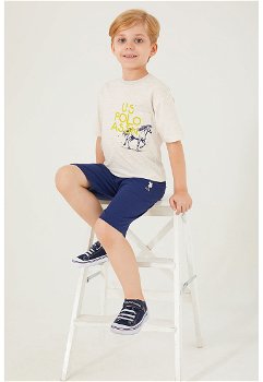 U.S. Polo Assn., Set de tricou cu imprimeu logo si pantaloni - 2 piese, Crem/Bleumarin