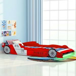 vidaXL Pat pentru copii mașină de curse, cu LED, 90 x 200 cm, roșu, vidaXL
