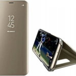 Husa Carte Clear View pentru Samsung Galaxy A12, Functie Stand, Auriu, Clear View