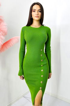 Rochie bodycon KLarisa, tetra, cu crapatura si nasturi decorativi, Olive, FashionForYou