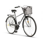 Bicicleta City, Roti 28 Inch, Frana V-Brake, Portbagaj, Aparatori Aluminiu, Pompa, RICH Dunarea R2891A, Cadru Gri cu Design Albastru/Alb