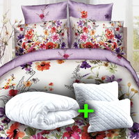 Pachet promo 6 piese lenjerie pat finet P3D37, alb/rosu/gri, cu pilota, perne, cearceaf pilota, cearceaf pat si 4 fete de perna