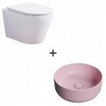 Set vas wc rimless cu capac soft close Oslo plus lavoar baie rotund roz mat, Foglia