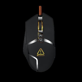 CANYON Wired gaming mouse programmable, Sunplus 189E2 IC sensor, DPI up to 4800 adjustable by software, Black rubber coating with chrome design, cable length 1.7m, 130*72*40mm, 0.12kg
