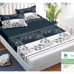 Husa de pat cu elastic 140x200 din Bumbac Finet + 2 Fete de Perna - Bleumarin Alb, 