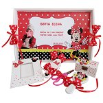 Set mot Baby Minnie Mouse, 7 piese, personalizat, din lemn, cu fundite rosii cu buline, ornamente rosu cu negru DSPH006