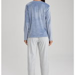 DeFacto, Pijama cu pantaloni lungi si aspect de catifea, Alb/Albastru lavanda
