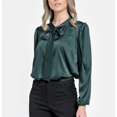 888146145-Bluza Dama din Satin - Verde inchis - Eleganta cu Funda V303, Eranthe