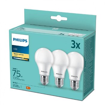 3 Becuri LED A60, E27, 10W (75W), 1055 lm, lumina calda (2700K), mat, Philips