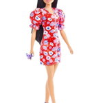 Papusa Barbie Fashionistas Long Black Hair Color Block Floral Dress (hbv11) 
