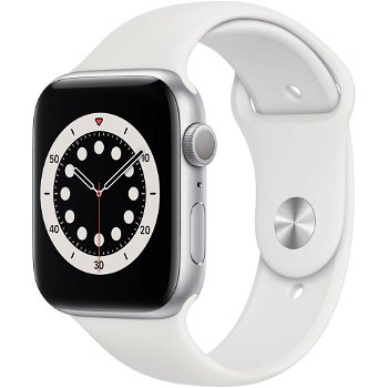 Apple Watch 6, GPS, Carcasa Silver Aluminium 44mm, White Sport Band