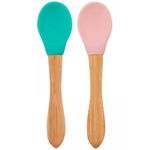 Set lingurite cu varf silicon si maner bambus - Aqua Green/Pinky Pink | Minikoioi, Minikoioi