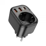 Incarcator Priza, Adaptor Shuko 2xUSB-A, Type-C, QC 3.0, 3A, PD 20WHoco, NS3, Negru