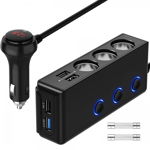 Adaptor priza auto multisocket 120W 3x soclu auto 4x port USB 12-24V Quick Charge 3.0 afisaj display voltaj siguranta 10A negru, krasscom