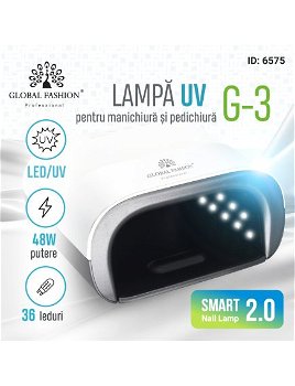 Lampa LED/UV profesionala G-3 pentru unghii semipermanente, 48W, Global Fashion, timer, senzor, alba Engros, 